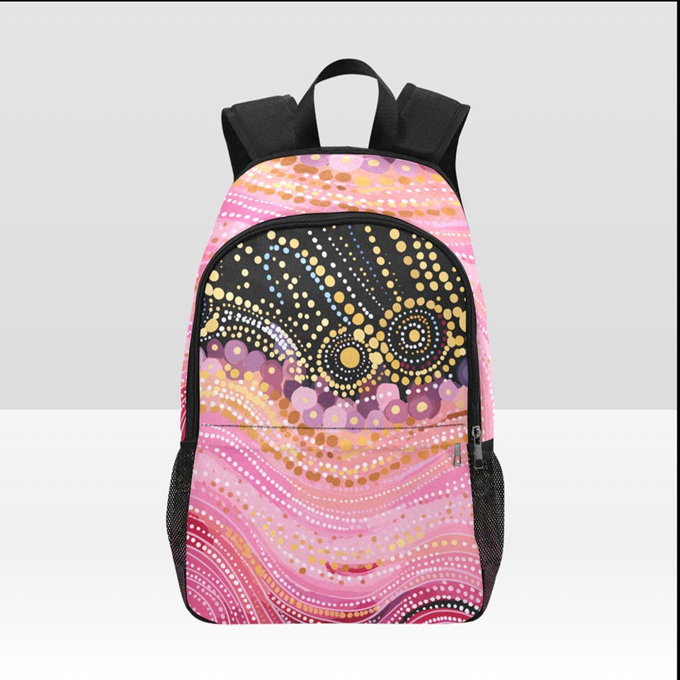 Indigenous circles pink design backback